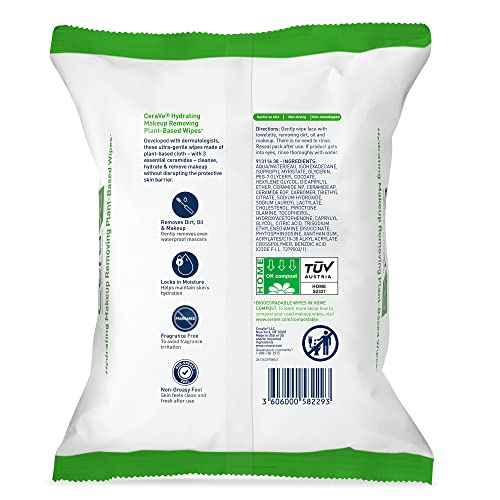 CeraVe Makeup Remover Wipes, Plant Based Face Wipes, Biodegradable in Compost, Waterless Face Wash, Travel Essentials for Women, Suitable for Sensitive Skin, Fragrance-free + Non-comedogenic, 25ct