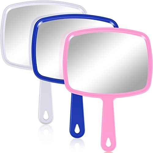 Jetec 3 Pieces Hand Handheld Cosmetic Mirrors with Handle, Portable Vanity Mirrors for Travel, Home, and Salon Use(9.17 x 6.53 Inch,Blue, White, Pink)