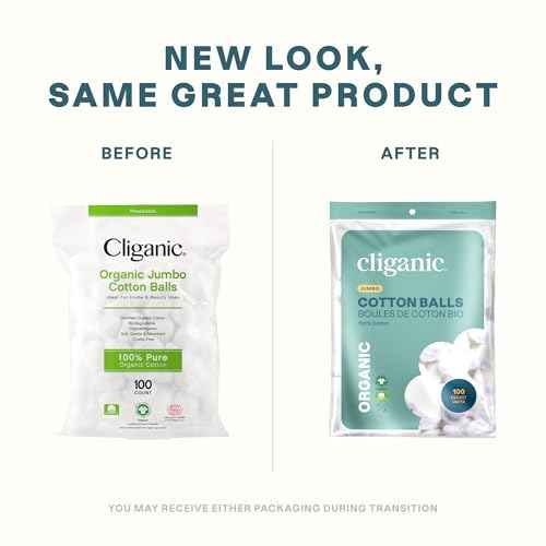Cliganic Organic Super Jumbo Cotton Balls (100 Count) - Hypoallergenic, Absorbent, Large Size, 100% Pure (Packaging May Vary)