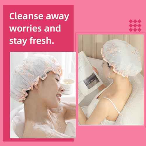 Shower Cap Reusable Waterproof Shower Caps for Women, Large Shower Cap for Long Hair, Washable Double Layers Elastic Band Bath Hair Hat, Unique hand-embroidered design Shower Bonnet Hair Cap Bath Caps