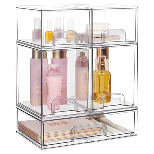 Vtopmart Stackable Storage Drawers Set of 5, Clear Plastic Organizer Bins for Beauty Supplies,Ideal for Vanity, Bathroom,Cabinet,Pantry Organization