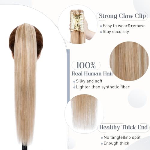 Rich Choices Claw Clip Ponytail Extension Human Hair Real Hair Ponytail Balayage Golden Brown Highlighted Bleach Blonde 16 Inch 105g One Piece Clip In Long Ponytail Hair Extension For Women #12P613
