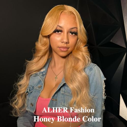 ALHER #27 Honey Blonde Lace Frontal Wig Human Hair Body Wave 180% Density, Blonde Colored 13x4 HD Lace Front Wig Pre Plucked With Baby Hair Ear to Ear, 100% Virgin Remy Hair for Black Women 22 IN