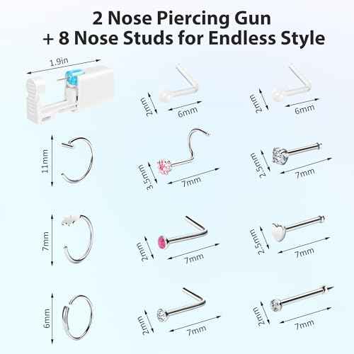 2-Pack Disposable Nose Piercing Kit, Nose Piercing Gun, Self Piercing Kit for Nose Studs and Nose Rings, Hypoallergenic Stainless Studs for Sensitive Skin