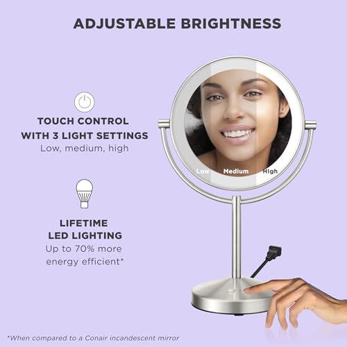 Conair Lighted Makeup Mirror, Double-Sided LED Vanity Mirror with 1X/10X Magnification, 3 Light Settings, 3 Modes, 360¡Æ Rotation, Satin Nickel Finish