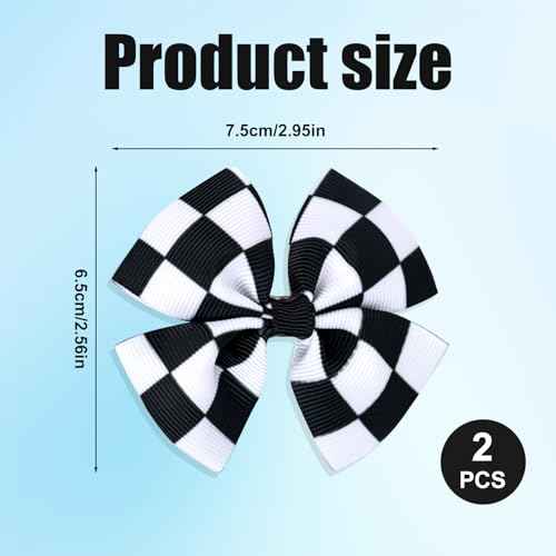 2pcs Racing Checkered Flag Bow Clips, Hair Bow Clip Black and White Racing Fan Pigtail Hair Clips Hair Accessories Racing Checkered Styling for Kids Women Girls Thick Thin Hair