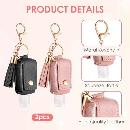 2Pcs Portable Leather Hand Sanitizer Holder, Travel Size Keychain Case Refillable Bottle for Toiletry Lotion Liquid Soap Shampoo (Black, Pink)