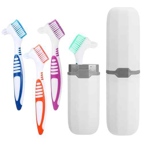 4 Pcs Denture Brush, Portable Denture Toothbrushes with Carrying Case, Dual Angled False Teeth Care Cleaning Brush with Multi-Layered Soft Bristles (Purple, Green, Blue, Orange)