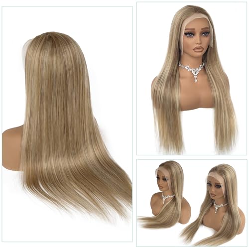 Ash Blonde Highlight Wig Human Hair Pre Plucked with Baby Hair 180% Density Glueless 13x4 HD Lace Frontal Wig Balayage Ash Blonde and Platinum Lace Front Wigs Human Hair with Brown Roots Pre Plucked