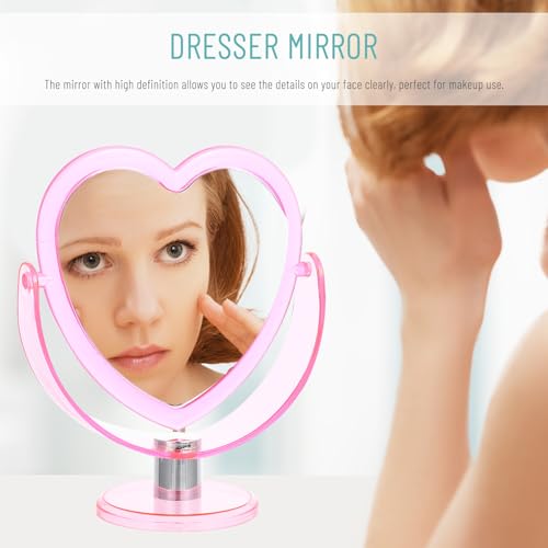 Heart Shaped Pink Makeup Mirror - Double-Sided Rotatable Vanity Mirror for Dresser, Desktop, Bathroom, Bedroom