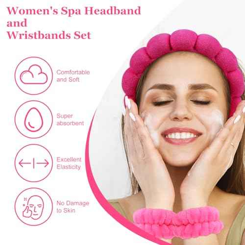 CAVETEE Spa Headband Set with Sleep Eye Mask, Thick Sponge Headband for Makeup Removal, Skincare, Shower (Hot Pink)