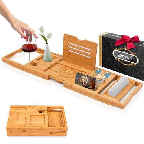 SereneLife Bathtub Tray - Expandable Bath Tray for Tub, Foldable Adjustable Bamboo Caddy with Non-Slip Handles, Device Holder and Wine Glass Slot for Bathing Luxury (Folding, Hard Back, Gift Set)