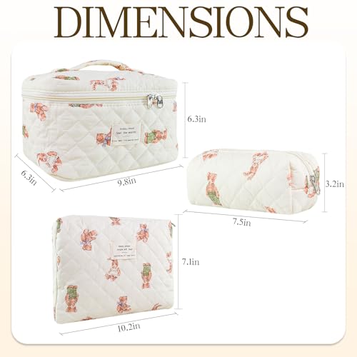 3Pcs Quilted Makeup Bag for Women, Large Travel Makeup Bag Set, Cute Aesthetic Cosmetic Bags, Floral Cotton Makeup Pouch Coquette Toiletry Organizer Bag