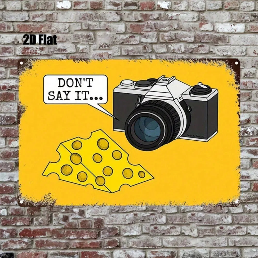 Vintage Camera & Cheese Metal Tin Sign - 8x12 Inch Wall Art