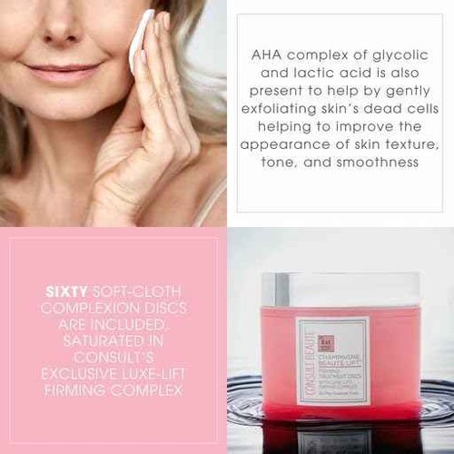 Consult Beaute - Champagne Lift Face Firming Treatment Disc - Firming and Exfoliating Pads - Rejuvenate Sagging Skin - Pre-Soaked Wipes - Disposable - Peptides - Grape Seed Extract - 60 Count (2Pack)
