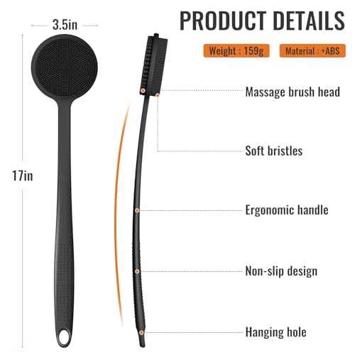 VWMYQ Silicone Back Scrubber for Shower, 17in Lengthen Long Handle Body Brush, Double Sided Shower Brush for Shower Exfoliating and Massage Can Produce Rich Foam, Long Handle Back Scrubber for Men.
