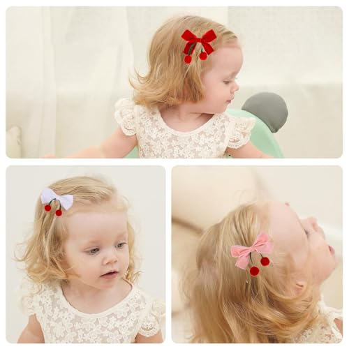 Velvet Ribbon Hair Bow Clips - 2 Pairs Cute Hair Bow Clips with Red Cherry Ball Handmade Alligator Barrettes Pins Bowknot Party Dress Decor Accessories for Girls (Pink/Red)