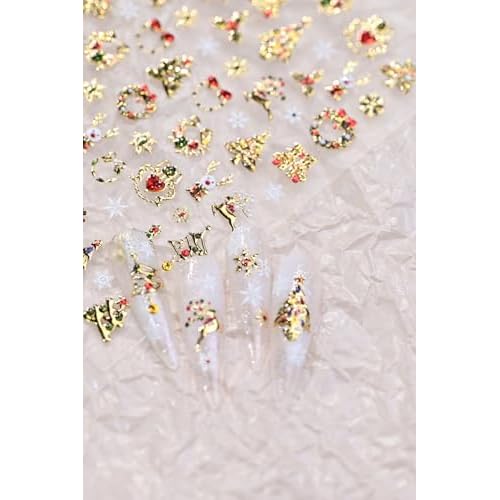 Christmas Nail Art Stickers 5D Embossed Shiny Gold Xmas Tree Nail Stickers Elk Wreath Snowflake Nail Decals for Women Girls Winter Holiday Manicure DIY Nail Supplies