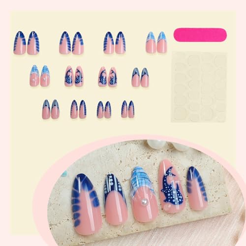 Almond Press on Nails Medium French Tip Fake Nails with 3D Pearl Drip Gel Summer Glue on Nails Blue Shark False Nails Ocean Whale Artificial Stick on Nail Cute Acrylic Nail for Women Manicure 24Pcs
