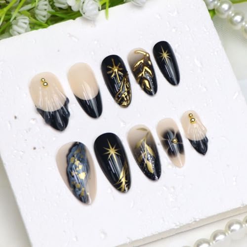Medium Press on Nails Almond Golden Leaves Beads Stars Flowers Dark Blue French Tip Fake Nails Press ons Acrylic Glossy Glue on Nail Full Cover Stick on Nail for Women 24 Pcs