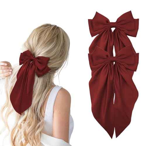 Hair Bows for Women, 2Pcs Burgundy Red Bow Hair Clips for Girls, Silky Satin Hair Bows Clips Long Tail, Large Hair Barrettes Cute Aesthetic Hair Accessories