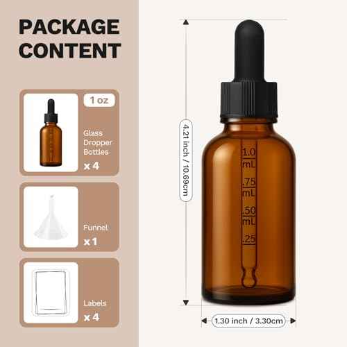 Bumobum 1 oz Dropper Bottle, Amber Glass Dropper Bottle with Measured Dropper, Empty Eye Tincture Bottles with Funnel & Labels for Essential Oils Serums Tavel Liquids, 4 Pack