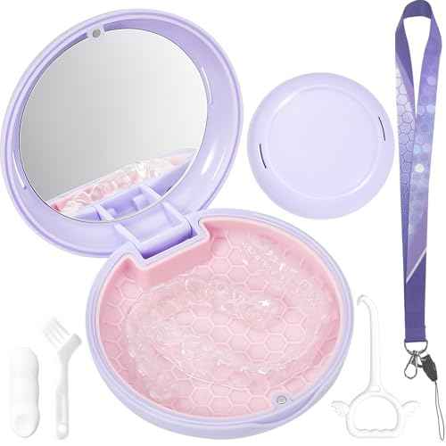 Retainer Case with Mirror and Lanyard,Slim Aligner Case with Vent Holes,Cute Dental Brace Box with Retainer Removal Tool and Brush (Purple Pink with Lanyard)