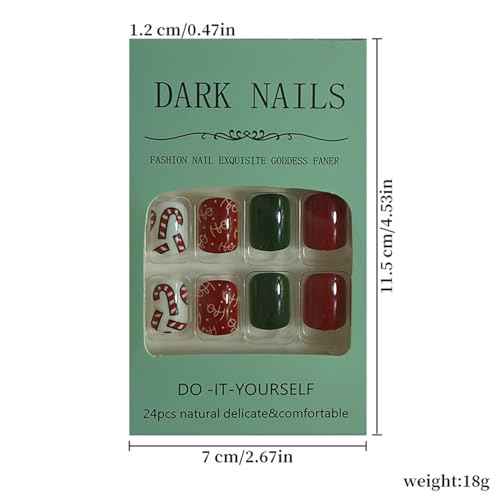 24Pcs Christmas Press on Nails Short Square - Red&Green Fake Nails White False Nails Press Ons Nail Art Tips With Christmas Cane Fruit Candy Design Winter Acrylic Nail Kit for Women Xmas Decor