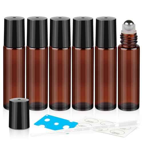 ZEJIA 10ml Roller Bottles for Essential Oils, 6 Pack Glass Roll on Bottles, Refillable Perfume Bottle, with Stainless Steel Roller Balls, 2 Droppers, 1 Opener, Labels(Amber)