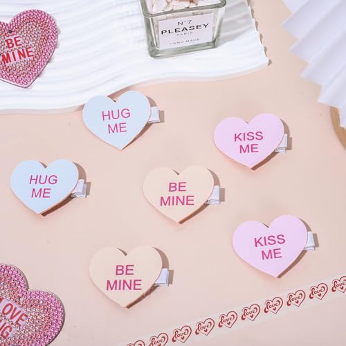 Whaline 6Pcs Valentine's Day Heart Hair Clips Sweet Conversation Heart Hair Barrettes Pink Blue Yellow Candy Heart Alligator Hairgrips Hair Accessories for Birthday Wedding Party