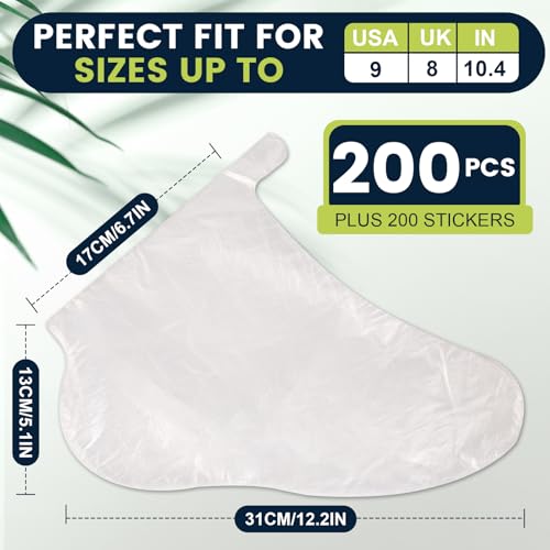 200PCS Plastic Foot Covers for Feet, Leak-Proof Plastic Foot Masks for Moisturizing Feet, Pedicure & Foot Care, 200 Stickers for Snug Closure Included (Fits up to USA 9)
