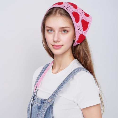 hoyuwak Crochet Head Scarf Bandanas Heart Headbands Hair Scarf Head Coverings Pink Hair Accessories for Women Hair Styling Valentine's Day Holiday Decor