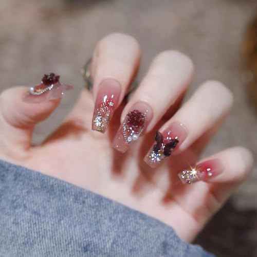 24Pcs Medium Press on Nails Coffin Handmade Fake Nails 3D Rose Butterfly Nail Germs Shiny Luxury False Nail Full Cover Acrylic Glue on Nails for Women