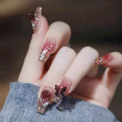 24Pcs Medium Press on Nails Coffin Handmade Fake Nails 3D Rose Butterfly Nail Germs Shiny Luxury False Nail Full Cover Acrylic Glue on Nails for Women