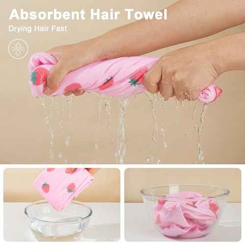 Unicorn Castle Microfiber Hair Towel for Kids 2Pack Hair Wrap Towels Absorbent Hair Drying Towel Wrap Hair Turbans for Curly Thick Hair, Pink White Strawberry