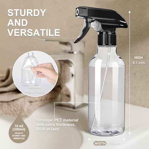 Spray Bottles 2-Pack, 10 Oz, Mist & Stream, Heavy Duty Spraying Empty Water Sprayer Bottle, BPA Free Plastic Refillable Containers for Cleaning Solutions, Plants, Hair, Essential Oils (Clear)