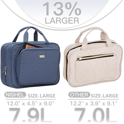 NISHEL Travel Toiletry Bag for Women Large Capacity, Makeup Essentials Organizer, Hanging Case for Accessories, Cosmetics, Aegean-Blue