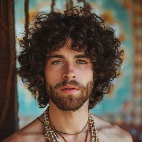 Mens Brown Curly Wig Short Fluffy Rocker Wigs Synthetic Costume Halloween Cosplay Hair Wigs for Male Guys