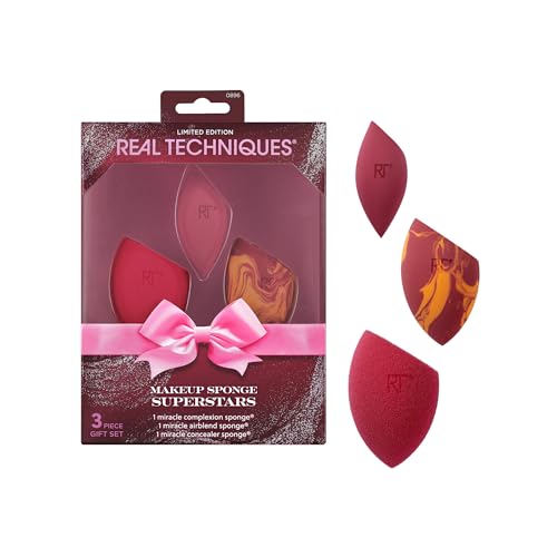 Real Techniques Makeup Sponge Superstars Gift Set, 3 Piece Holiday Set with Travel Case, Blending Sponges for Foundation, Concealer & Powder, Christmas Gift, Cruelty-Free & Vegan