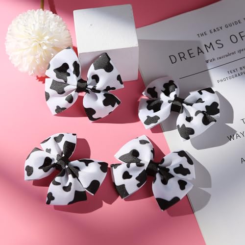 4 Pack Baby Girls Cow Print Hair Bow Clips Toddler Cowgirl Country Birthday Party Gift Accessories 3 Inch