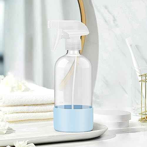 Glass Spray Bottles with Silicone Sleeve Protection, Empty 16 oz Refillable Containers, Reusable Spray Bottles with Adjustable Nozzle for Hair, Cleaning Solutions, Essential Oils 1 Pack Blue