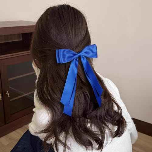 Royal Blue Large Hair Bows Alligator Clip 5.5" Solid Satin Polyester Ribbon Ponytail Hair Barrettes with Long Tail Wedding Dress Decor Accessories for Women Toddler Teen Girls