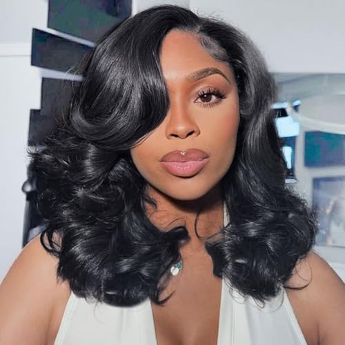 Hihmarm Body Wave Bob Wig Human Hair 13x4 Hd Lace Frontal Wigs Human Hair Pre Plucked Loose Wave Bob Lace Front Wigs For Black Women 180% Density Glueless Wig Natural Black 16 Inch
