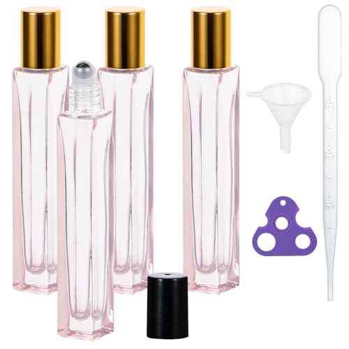 Yebeauty Glass Roller Bottles for Essential Oils 10ml Compact Travel Roll on Bottles for Oil Massage with Golden Aluminum Cover, 4 Pack Perfume Rollerball Empty with Opener, Funnel, Dropper, Pink
