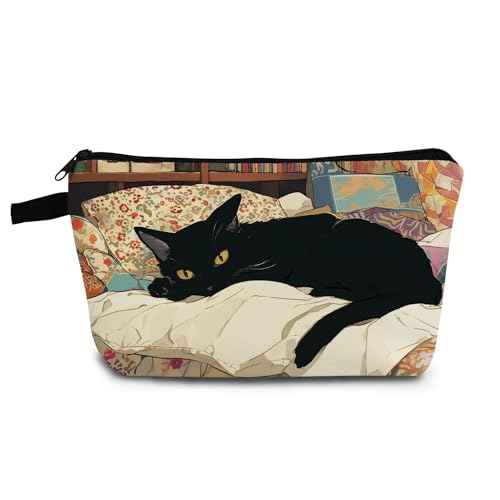 Cat Present Black Cosy Cat Makeup Bag Cute Small Organizer Bag with Zipper Floral Black Cat Kitten On Bed Cosmetic Bag Birthday Present for Cat Lovers Women Friends