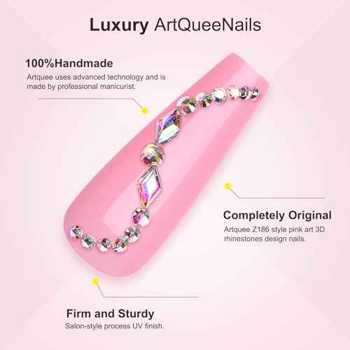 Artquee 24Pcs Pink Coffin Press on Nails Long Fake Nails with Rhinestones Design Reusable False Nail Art Manicure Stick on Nails Kit for Women