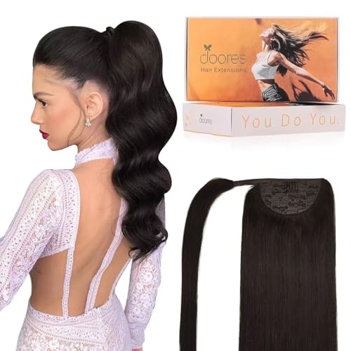 DOORES Hair Extensions Ponytail Extension Clip in Dark Brown 18 Inch 80g Hair Extensions Ponytail Hair Extensions Wrap Around Remy Human Hair Ponytail with Magic Paste Straight