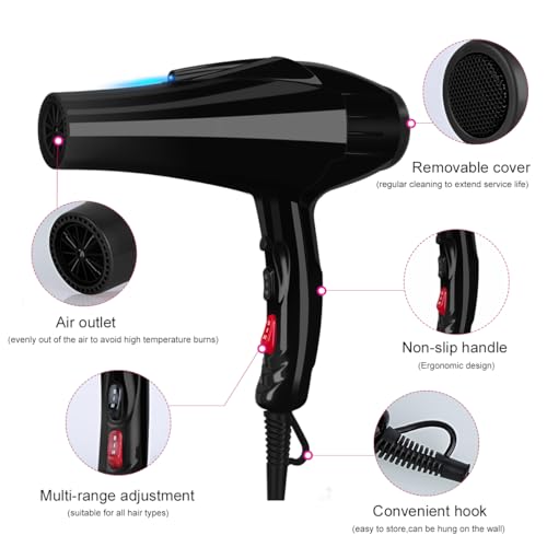 Professional Hair Dryer with Blue Light Far Infrared Negative Ionic 3500W Blow Dryer Fast Drying Heat Hairdryer Powerful Home Salon Hair Dryers with Attachment (Black)