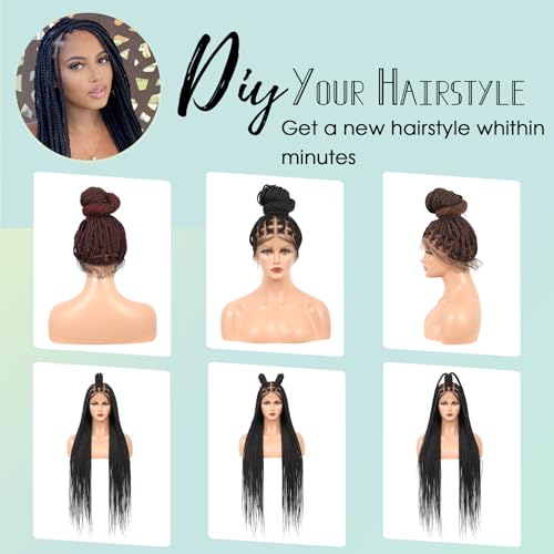 360¡Æ HD Full Lace Knotless Braided Wigs for Women Box Braid Wig with Baby Hair Premium Synthetic Natural Looking Black Braided Lace Front Wigs 36 Inch