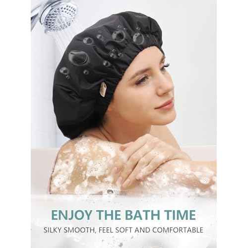 Years calm Reusable Waterproof Shower Caps for Women, Hair Caps for Showers, Double-Layer Elastic Design, for All Hairstyles, Travel-Friendly (black)